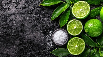 Wall Mural -  Limes, Salt, and Leaves on Black and Gray Surface with Green Leaf on Left Side