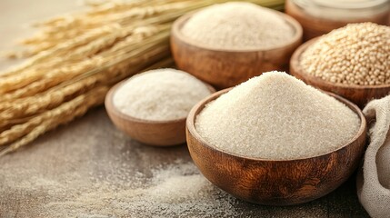 Wall Mural -   A bowl of rice sits near two ears of wheat and a stack of oat ears