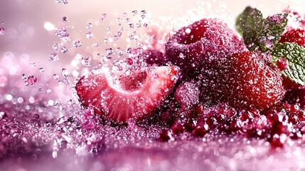 Wall Mural -   A detailed shot of strawberries on a table with a small amount of water on top of them