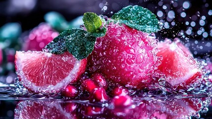 Wall Mural -   A grapefruit's close-up, with water splashing on it and a green leaf above it