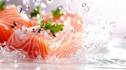 Wall Mural -   A close-up image of several salmon swimming in water, with a splash of water on the side