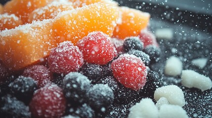    several fruits arranged on a white plate, with sugar sprinkled on top and below