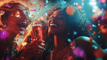 A group of beautiful young people tossing colorful confetti and looking happy at a party