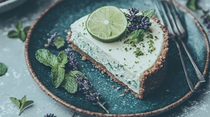 Wall Mural -   A delicious lime sits atop a blue plate, alongside a fork and a slice of cake