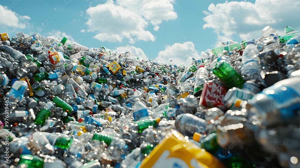Massive pile of plastic waste bottles under blue sky. Environmental ...