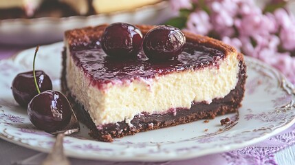 Wall Mural -   A cheesecake with cherries on one plate and another plate with a cheesecake