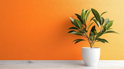 Wall Mural -   Potted plant on orange wall with white vase