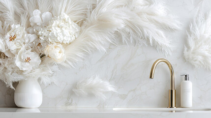   White vase with flowers next to faucet and lotion on counter