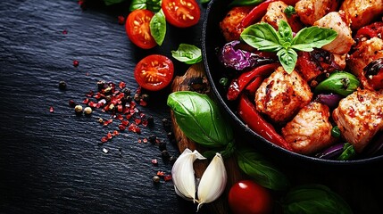   A close-up shot of a bowl of food on a table, featuring juicy tomatoes, crunchy onions, aromatic basil, pungent garlic, and spicy