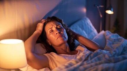 Menopause, night sweat. Woman suffering from hot flash in bed.