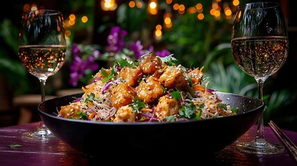 Wall Mural -   A zoomed-in shot of a bowl of cuisine accompanied by two stemmed goblets of vino placed on a table, with illumination emanating from behind