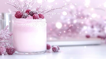 Wall Mural -   Close-up of a frosted drink with raspberries on the rim and a pink boke in the background