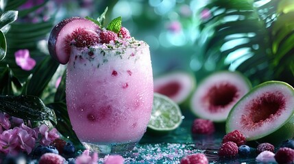 Wall Mural -  A refreshing drink with raspberries and mint, chilled to perfection, sits on a table alongside ripe kiwis and fresh green leaves