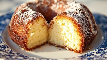 Wall Mural -   A bundt cake cut in half on a blue & white plate with a bite taken out