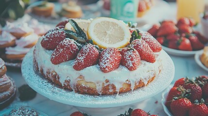 Wall Mural -   Cake Powdered Sugar Strawberries Lemon Wedges Table Topped