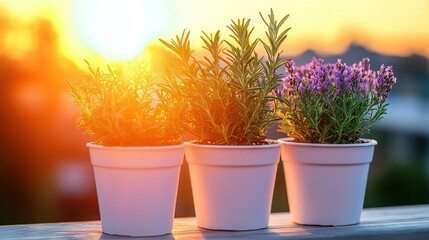 Poster -   Three potted plants sit on a wooden table in front of a setting sun with buildings behind