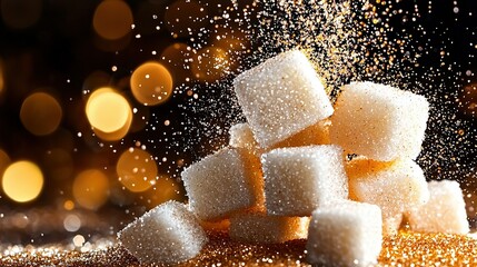 Wall Mural -   A golden table with white sprinkles and a mound of sugar cubes