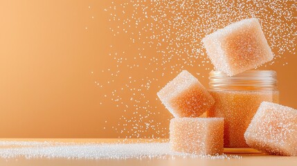 Wall Mural -   A jar brimming with sugar cubes adjacent to a mound of sugar cubes atop a wooden table