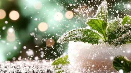 Wall Mural -   A close-up of a potted plant on a table with snow on the ground and bokeh lights in the background