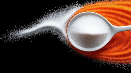   A close-up of a spoon pouring liquid onto an orange and black background