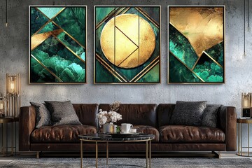 Wall Mural - Abstract Geometric Patterns in Rich Jewel Tone Featured on 3 Canvases