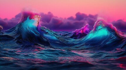 Wall Mural -  A stunning painting showcases a towering wave in an azure sea surrounded by fluffy white clouds against a vibrant pink and blue backdrop