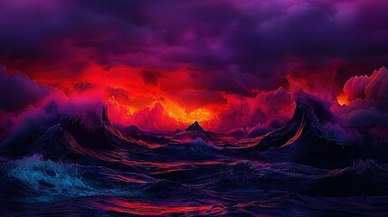 Wall Mural - a stunning painting depicts a vibrant red and purple sky above a vast expanse of water, framed by a 