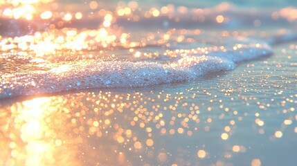 Poster -   A close-up photo shows a wave's reflection in the ocean near the shore, with sand visible in the background