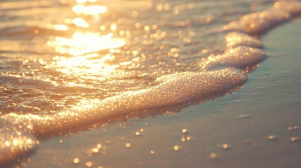 Wall Mural -   A photo of a close-up wave on a sandy beach, with sunlight glistening on the water