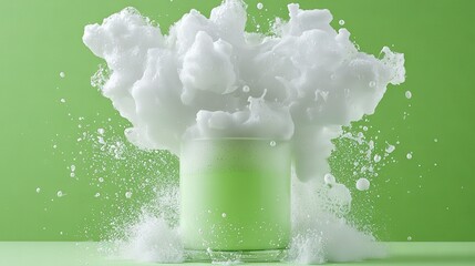 Sticker -   Green glass filled with white foam on top of green table; water splashes out