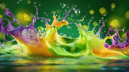 Wall Mural -   A vibrant mix of colored liquids splash onto a lush green-yellow backdrop against a dark background