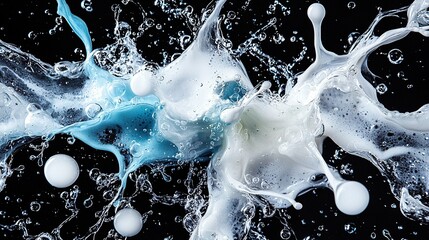 Wall Mural -   A blue and white liquid splashing on top of each other in front of a black background with white and blue bubbles