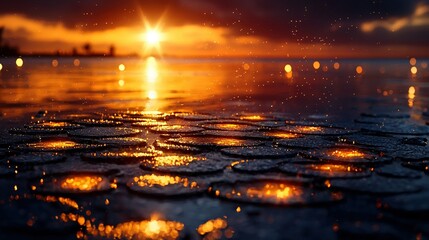 Wall Mural - the sun is setting over a body of water, with droplets scattered on the ground and in the foreground