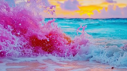   A close-up of a wave crashing on shore with a sunset in the background and clouds overhead