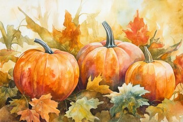 An absolutely stunning watercolor artwork beautifully depicts pumpkins surrounded by vibrant, colorful autumn leaves