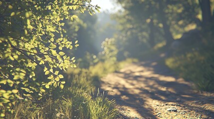 Wall Mural - sun illuminates tree branches on dirt road during bright weather