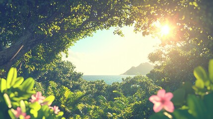 Wall Mural -   A tree near a body of water with a distant mountain is illuminated by the sun shining through its leaves