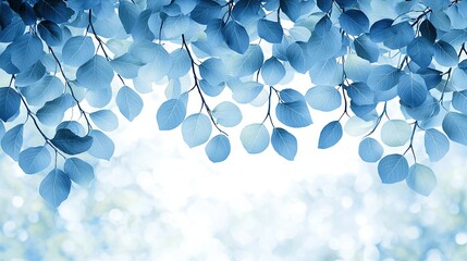 Poster -   A group of blue leaves dangling from a tree's limbs against a hazy backdrop of foliage