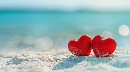 Two Red Hearts on a Sandy Beach