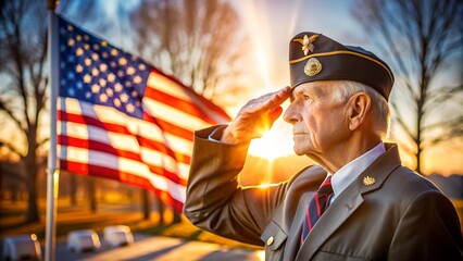 Elderly Veteran Saluting at Sunrise with American Flag in Background