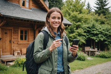 portrait Smiling female tourist with backpack using smart phone while standing by cottage