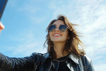 A woman wearing sunglasses and a black jacket is smiling for the camera