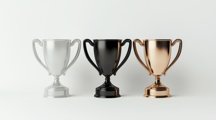 Design template of golden, silver, and bronze champion cups isolated on white. This template represents championship trophies for sports tournaments