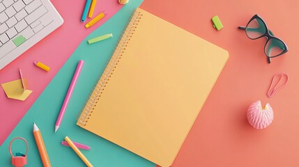 Wall Mural - 3D cartoonstyle rendering of an open notebook laid flat with space for text Represents an elearning or online education concept