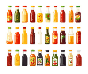 Wall Mural - Cartoon sauces. Mustard mayonnaise soy ketchup bbq hot chilli pepper glass and plastic bottles condiments dips gravies, isolated vector set on white background