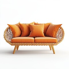 Transparent background with orange rattan sofa and pillows