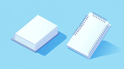 3D isometric illustration of a spiral notebook or notepad in both closed and open positions Flat style isolated vector for presentations infographics websites apps and printing