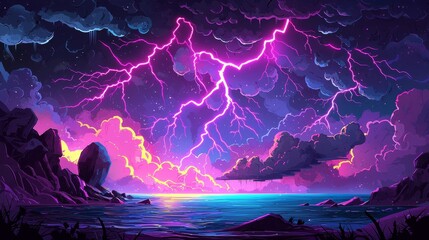 Wall Mural - Lightning attacks on ground on black background. Sparking electric strikes, storm discharges, lightning attack effect, modern cartoon illustration.