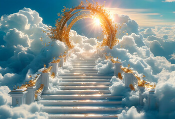 white staircase reaching the sky and leading to the gates of heaven, entrance to paradise, gates of heaven,