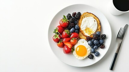 An overhead shot of a breakfast plate, isolated on a white surface